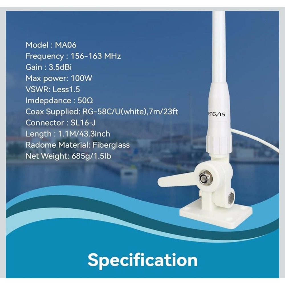RETEVIS MA06 VHF Marine Antenna 100W 3.5dBi Gain 1.1M 43.3in White SL16J PL259 - Picture 8 of 16